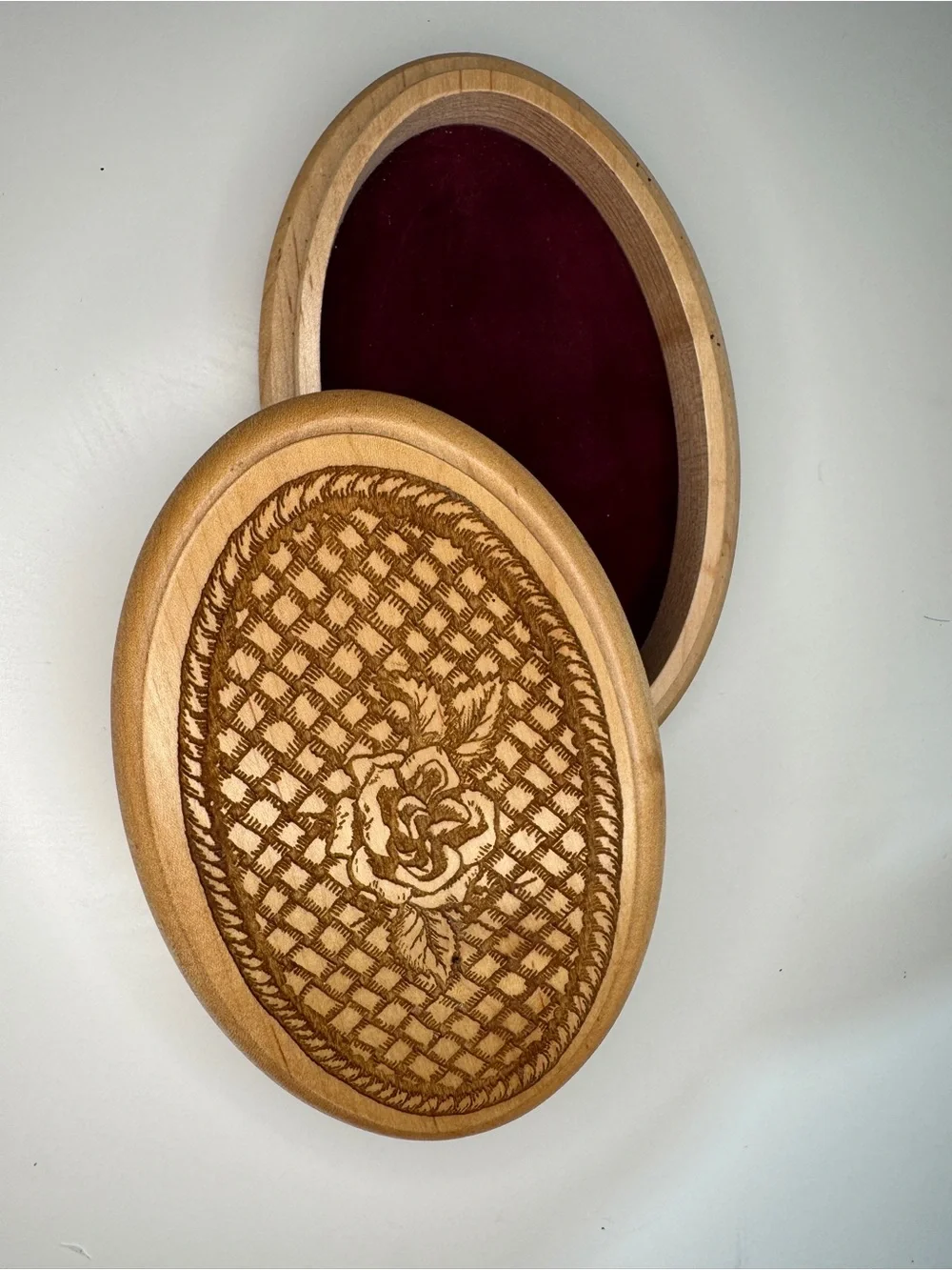 Handmade Oval Wood Trinket Box with Floral Pyrography - Natural Wood